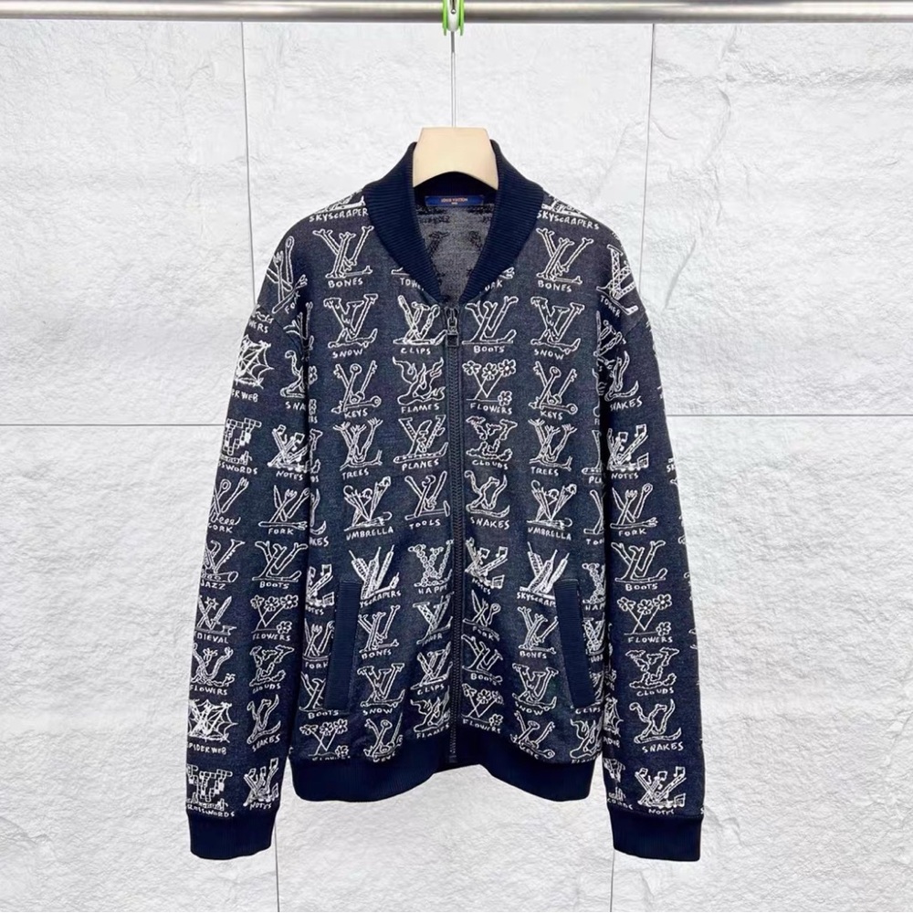 Authentic Louis Vuitton Monogram Zip-Up Sweater in Navy and White